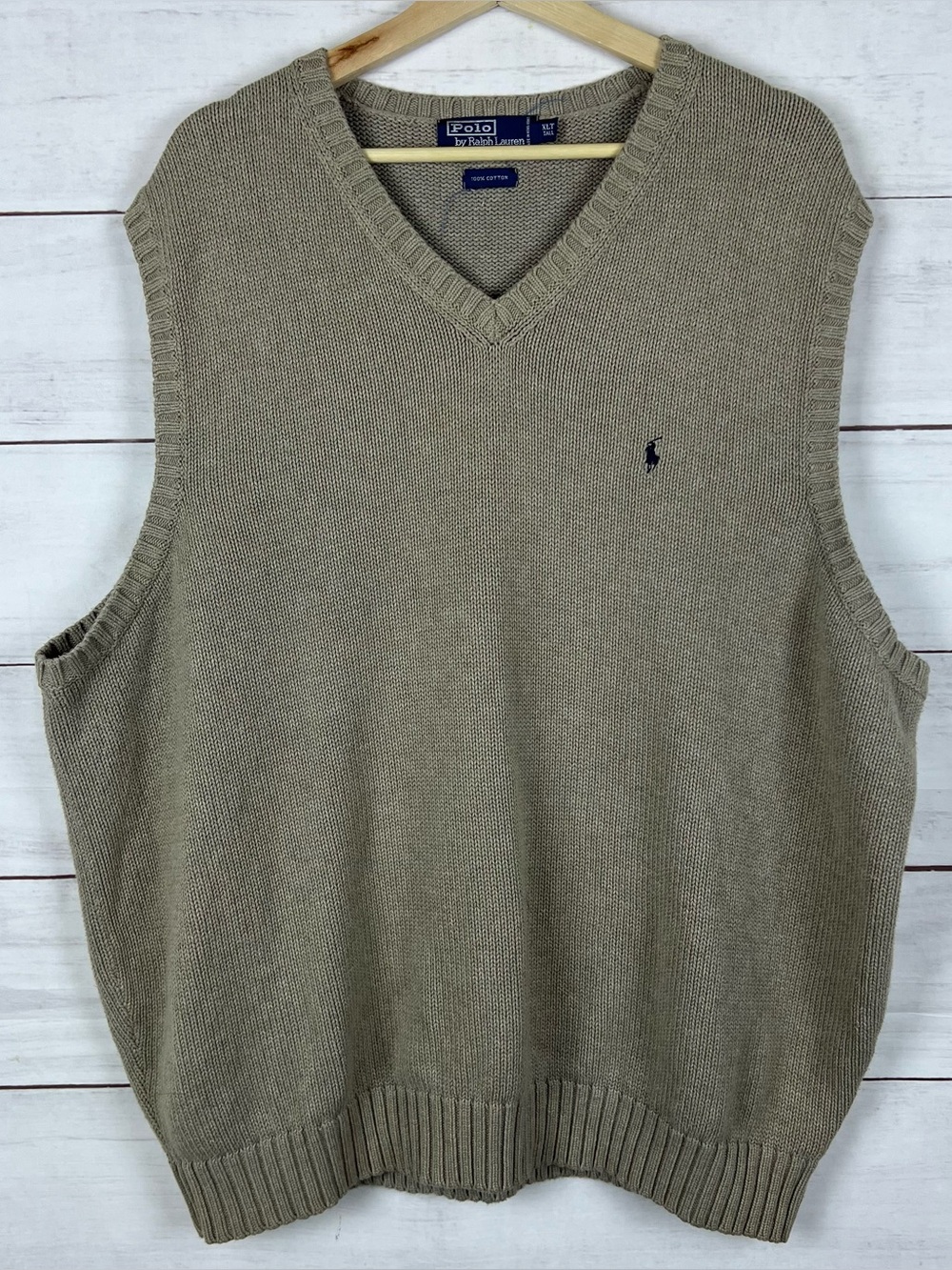 Polo Ralph Lauren Sweater Vest Mens XLT V-Neck Biege Classic Logo Vtg Knit